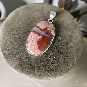 New- Oval Red Jasper Stone Sterling Silver Open Back Pendant